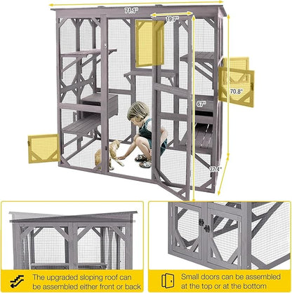 Aivituvin Catio Outdoor Cat Enclosure with 7 Platforms, 2 Resting Boxes, Large Window Cat House for 6-8 Mulitiple Cats Walk in Kitty Cage with Weatherproof Tarp Roof 71"