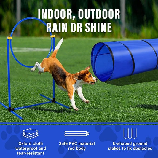Dog Agility Training Equipment, Dog Agility Course Backyard Set with 2 Adjustable High Hurdle, 2 Tunnels, 6 Weave Poles, Pause Box, Jump Ring, Snack Bag, Folding Bowl, Balls, Whistle, Carry Bag