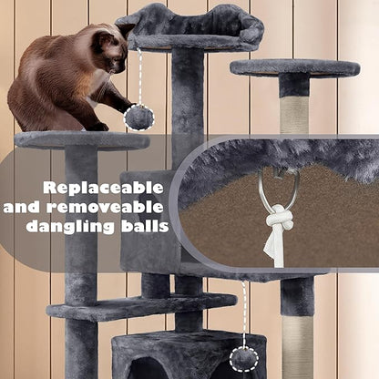 Yaheetech 54in Cat Tree, Multi-Level Cat Tower with Spacious Kitten-ear Perch, 2 Cozy Caves, Scratching Posts, Climbing Ladder, 2 Plush Balls, Durable Pet House Furniture for Indoor Kittens, Dark Gray