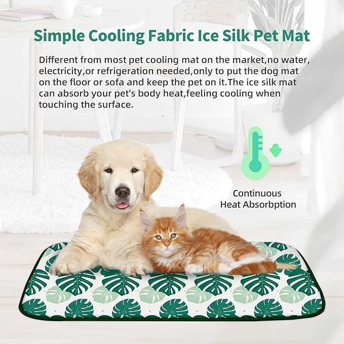 NWK Pet Cooling Mat - Ice Silk Cooling Mat for Dogs & Cats Portable & Washable Pet Cooling Blanket, Car Seats, Beds for Summer (1, Green Leaf, 39'' X 27'' X 0.3'')