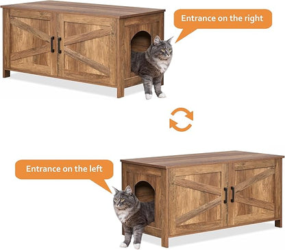 Homhedy 39.4" L Cat Litter Box Enclosure, Pet House with Barn Door,Wooden Cat Washroom Furniture,Fit Most of Litter Box, Rustic Walnut