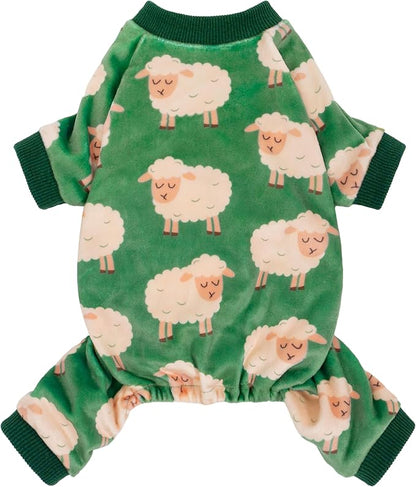 Fitwarm Funny Sheep Dog Pajamas, Warm Winter Dog Clothes for Small Dogs Boy Girl, Cozy Pet Onesie with Feet, Green, White, Large