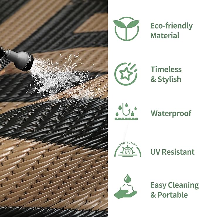 GENIMO Outdoor Rug for Patio Clearance, 6'x9' Reversible Plastic Straw Rugs, Lightweight Waterproof Modern RV Camping Mat for Camper, Balcony, Deck, Backyard, Picnic, Black Brown