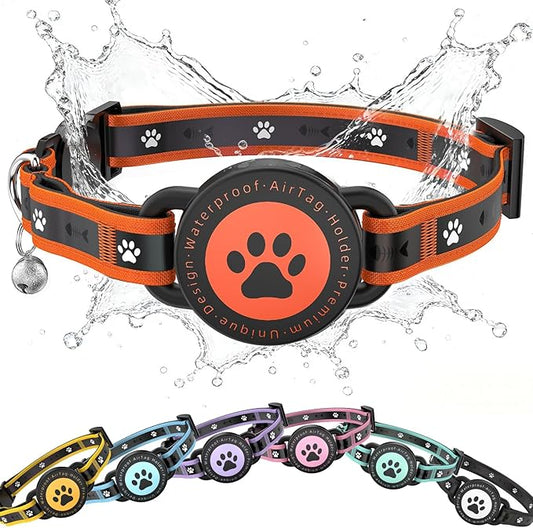 Airtag Cat Collar Breakaway, Reflective Cat Collar with AirTag Holder and Bell, Compatible with Apple Air Tag, Comfortable Padding, Adjustable, Durable (Orange, XS)