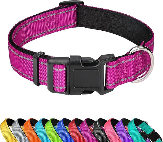 Reflective Dog Collar, Adjustable Soft Neoprene Padded Nylon Pet Collars with Buckle for Large Dogs, Rose Red,L