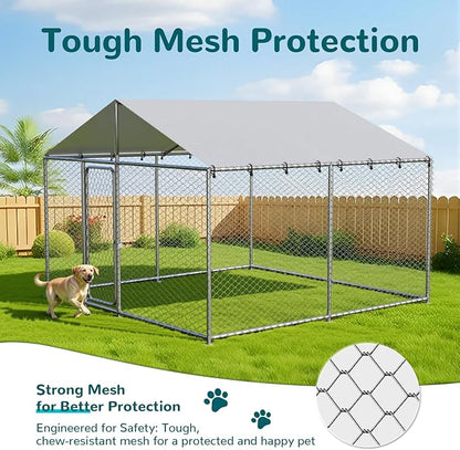 10'x10' Large Outdoor Dog Kennel Outside for Large Dogs, Heavy Duty Dog Enclosure with Wire Mesh Fence, Lock & Waterproof Cover