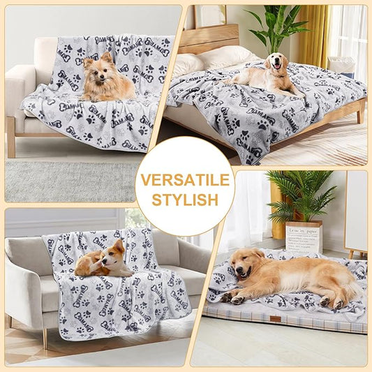 Dog Blankets for Large Dogs Upgraded, Dog Cat Flannel Blankets Washable, Cute Bone Paw Print Blanket for Bed Cover, Couch, Crate, 80x60 inch