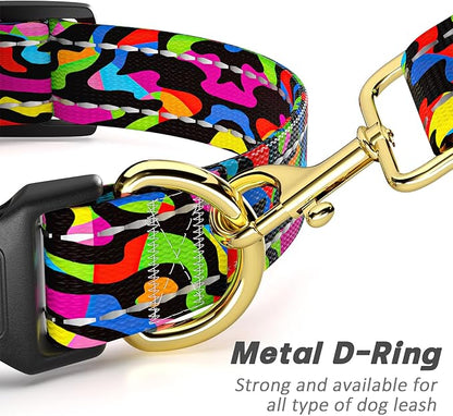 Reflective Dog Collar for Small Dogs, Cute Boho Adjustable Heavy-Duty Nylon Puppy Collar for Boy and Girl Female, Soft Pet Accessories with Quick Release Buckle, Abstract Rainbow Art
