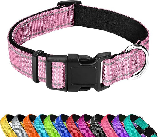 Reflective Dog Collar, Adjustable Soft Neoprene Padded Nylon Pet Collars with Buckle for Puppy and Small Dogs, Cats, Light Pink,XS