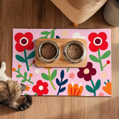 Pet Feedings Mats 20x12 inch Floral Print Pet Bowl Placemat Non Slip Mat for Cat and Dog Food and Water Indoor Pet Feeding Station Colorful Meal Mat for Small Pets Kitchen Floor Use