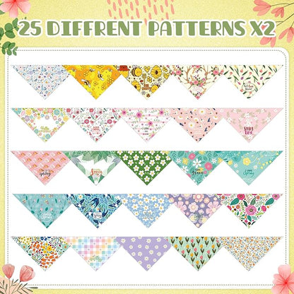 Kacctyen 50 Pcs Spring Dog Bandanas Bulk Large Bandanas for Dogs Grooming with Spring Flowers Bees Adjustable Pet Triangle Scarf Bib Washable for Small Medium Large Puppy Cats Pets Costume Accessories