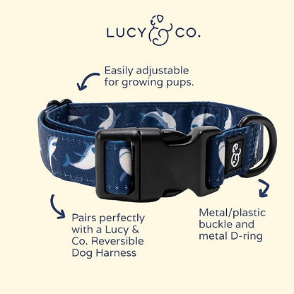 Lucy & Co. Shark Attack Adjustable Dog Collar- Cute Designer Pet Collar for Small, Medium, Large Dogs- Buckle Closure Dog Accessories, Medium, Navy & White Shark