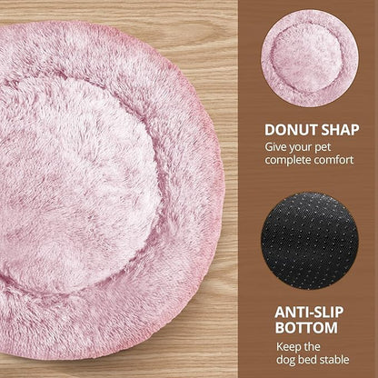 JOLLYVOGUE Calming Dog Bed Medium Size Dog, Anti-Anxiety Donut Medium Pet Bed, 31 inches Fluffy Faux Fur Round Cat Bed, Fits up to 45 lbs Pets (Smoke Pink)