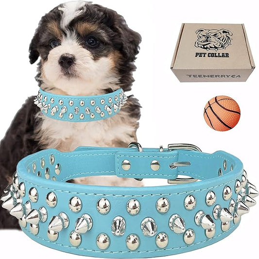 TEEMERRYCA Adjustable Microfiber Leather Spiked Studded Dog Collars with a Squeak Ball Gift for Small Medium Large Pets Like Cats/Pit Bull/Bulldog/Pugs/Husky, Blue, M(12"-15")