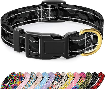 Reflective Dog Collar for Medium Dogs, Cute Camouflage Adjustable Heavy-Duty Nylon Puppy Collar for Boy and Girl Female, Soft Pet Accessories with Quick Release Buckle, Black