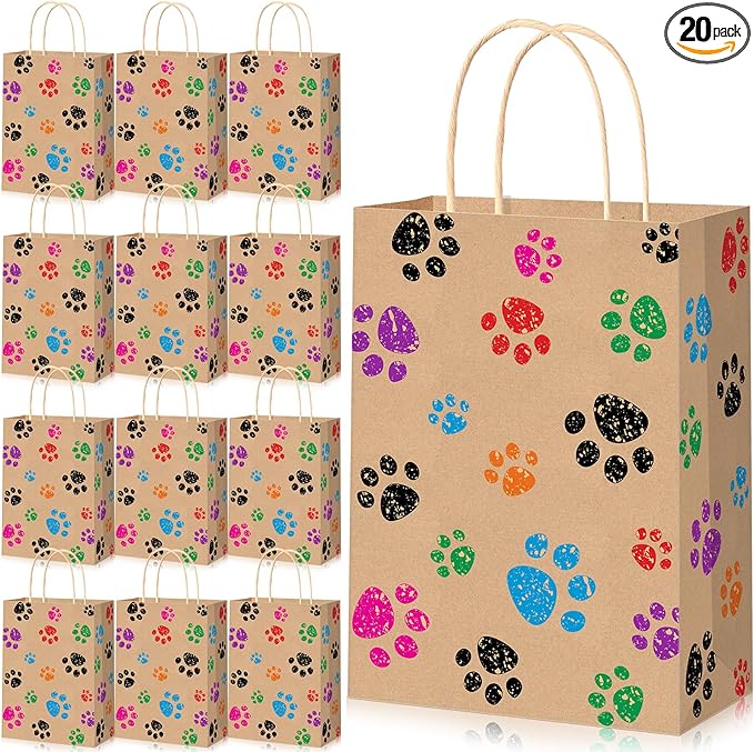 Blulu 20 Pcs Puppy Dog Paw Gift Bags with Paper Twist Handles, Dog Gift Paper Paw Treat Goodie Bags for PET Treat Party Favor, 6.3 x 3.1 x 8.6 Inch(Kraft Backing)