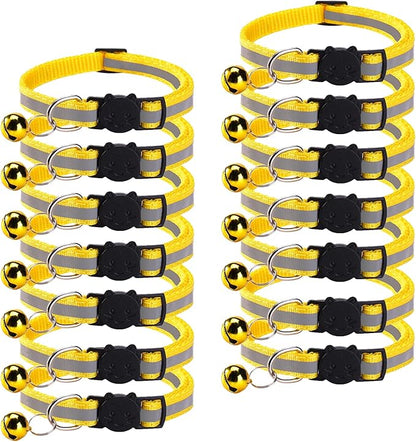 14 Pack Breakaway Cat Collar with Bell, Reflective Kitten Collar for Girl Boy Cats, Safety Buckle Adjustable 7.5-12.5 Inch, 0.4 Inch Width Lightweight, Pet Gifts (Yellow)