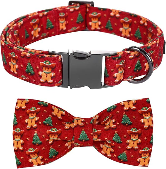 Christmas Dog Collar, Soft Pet Collar Gingerbread Man Cute Dog Collar with Bow Red Christmas Tree Adjustable Sturdy Collars Winter Holiday Collars for X-Small Girl Boy Dogs