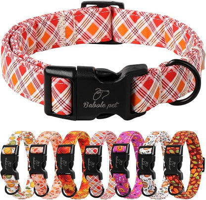 Fall Dog Collar, Fall Orange and Red Plaid Puppy Collar, Adjustable Cotton Holiday Tanksgiving Dog Collars for Small Medium Large Boy&Girl Dogs XL
