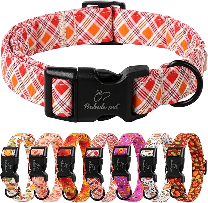 Fall Dog Collar, Fall Orange and Red Plaid Puppy Collar, Adjustable Cotton Holiday Tanksgiving Dog Collars for Small Medium Large Boy&Girl Dogs L
