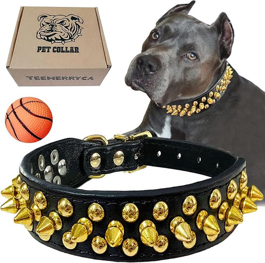 TEEMERRYCA Black Leather Dog Collar with Gold Spikes for Male Small Medium Large Pets, Pit Bulls/Bulldog, Keep Dog Safe from Grabbing by Huge Dogs, M(12"-15")
