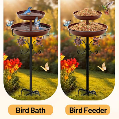 Daoeny Bird Bath for Outside, 42In Vintage Freestanding Birdbaths for Outdoors, Double Metal Bird Bath Feeder Bowls for Garden Patio Yard Lawn Decor, Upgraded 5-Pronged Base (Brown)