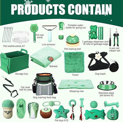 Abbylike 50 Pcs Puppy Supplies Starter Kit for Small Dogs Puppy Essentials Includes Leash, Bowls, Teeth Brushes, Water Bottle, and More Accessories for Dogs Pet Day Welcome Gift(Green)