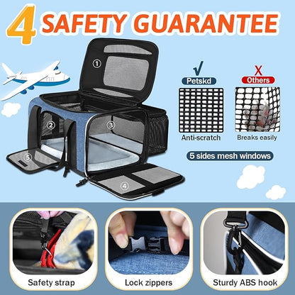 Petskd Top and Side Expandable Pet Carrier 18x13x9.5 Inches Southwest Airline Approved, Soft-Sided Carrier for Small Cats and Dogs with Locking Safety Zippers and Anti-Scratch Mesh(Blue)