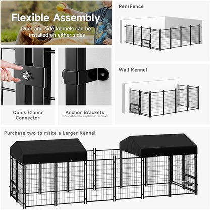 Dog Kennel Outdoor, Outside Dog Kennel with Roof & Swivel Feeders/Removable Doggy Door Allow Connecting Your Dog House, Heavy Duty Dog Run Pen Yard for Medium/Large Dogs (5'L x 5'W x 5'H)