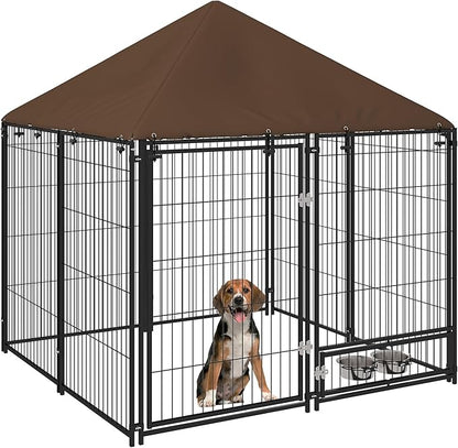 PawHut Outside Dog Kennel, 4.6' x 4.6' x 5' Puppy Play Pen with Canopy, Garden Playpen Fence Crate Enclosure Cage Rotating Bowl, for Dogs, Chickens, Ducks, Black