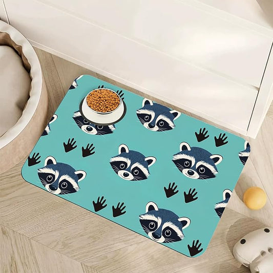 Cute Raccoon Dog Food Mat for Floors,Absorbent Pet Food and Water Bowl Mats,Non-Slip Pet Feeding Mat,Pet Supplies 16" x 24"