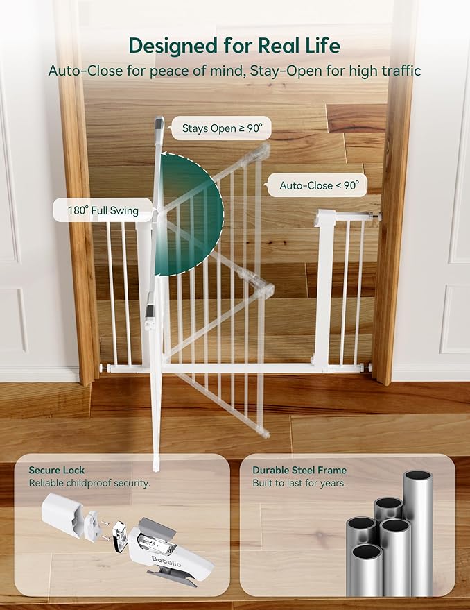 Babelio 36" Tall Baby Gate, PressGuard P7, 29-55" Auto Close Pressure Mounted Dog Gate for Doorways & Hallway, Basics Easy Walk Thru Pet Gate, Extra Wide Metal Child Gate, White