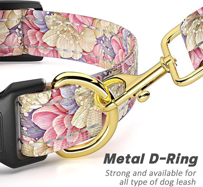 Reflective Dog Collar for Medium Dogs, Cute Flower Theme Adjustable Heavy-Duty Nylon Puppy Collar for Boy and Girl Female, Soft Pet Accessories with Quick Release Buckle, Colorful Floral