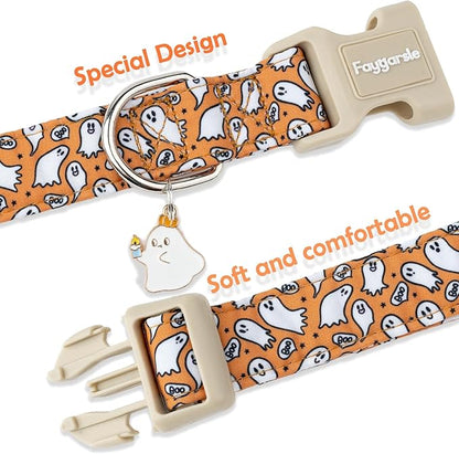 Faygarsle Halloween Ghost Pattern Dog Collar with Charm, Orange and White,for Small Medium Large Dogs XS