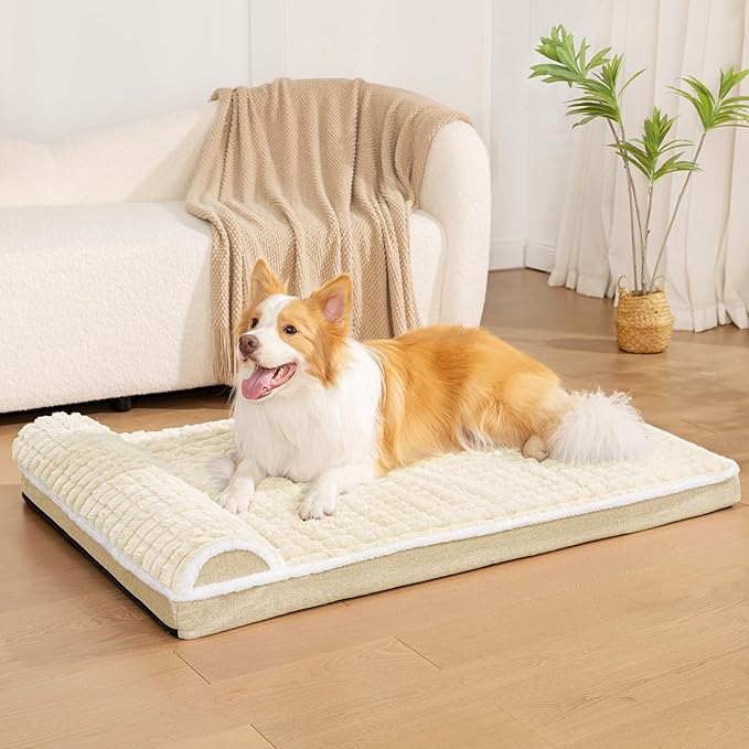 Orthopedic XL Dog Bed Large Sized Dog with Pillow 42''X28'', Waterproof Soft Comfortable Egg Crate Foam Pet Crate Beds Mat with Removable Washable Cover and Non-Slip Bottom, Cream