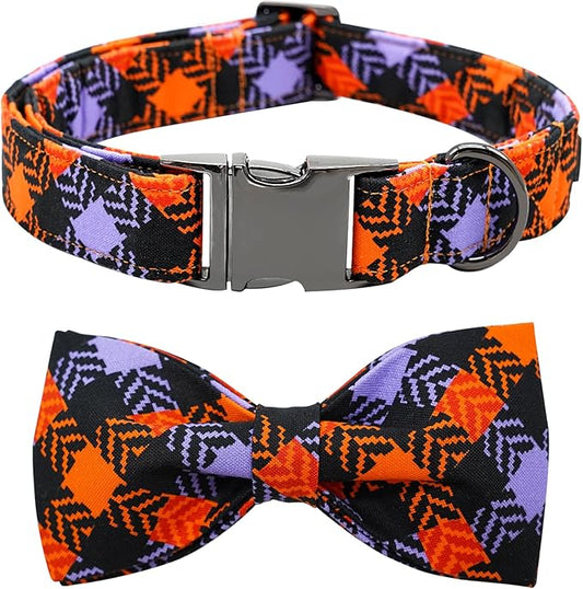 Halloween Dog Collar, Pet Collar Bow Plaid Puppy Collars Girl Boy Holiday Pet Collar Gift Bow Dog Collar Cute Soft Puppy Collar for Medium Dogs