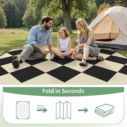 GENIMO Outdoor Rug for Patio Clearance, 6'x9' Reversible Geometric Plastic Straw Rugs, Lightweight Waterproof RV Camping Mat for Camper, Balcony, Deck, Backyard, Picnic, Black Beige