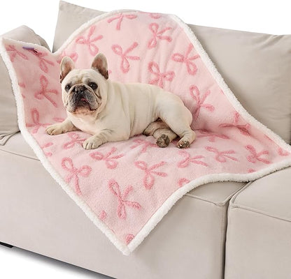 LE SURE Waterproof Puppy Blanket for Medium Dogs - Washable Double Sided Dog Blankets with Warm Jacquard Shag and Soft Sherpa Fleece, Pet Cat Blanket for Couch Protection, Bow Design，Pink Taffy