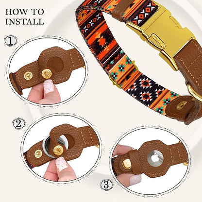 AirTag Dog Collar for Small Medium Large Breed - Adjustable Cute Pattern Dog Collar with Airtag Holder - Soft Leather Tracker GPS Apple Air Tag Pet Collars (Small, 12"-15" Neck Fit, Western)