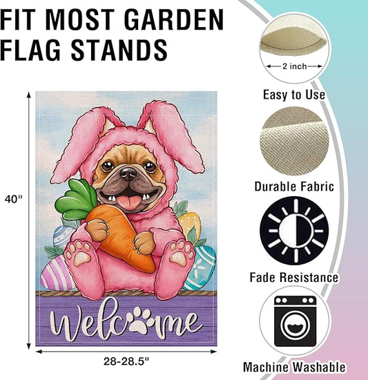 Artofy Welcome Easter Bunny Dog Large Decorative House Flag, French Bulldog Rabbit Yard Garden Outside Decor Pet Owner Lover Gift, Spring Carrot Egg Burlap Outdoor Home Decoration Double Sided 28 x 40