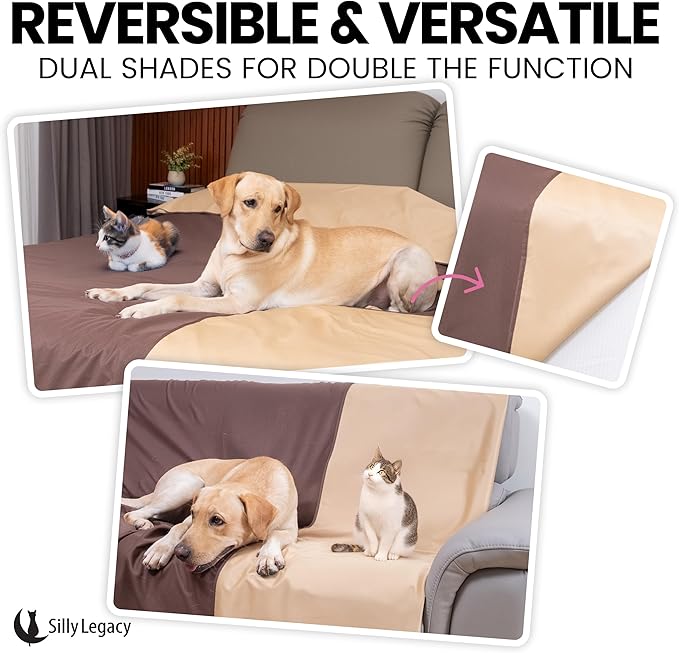 SILLY LEGACY Thin Reversible Waterproof Protective Cover or Liner for Bed or Couch, for Dogs and Cats, Babies; Incontinence, Dirt, Drool (King Size, 100 x 96 inch), (Brown)