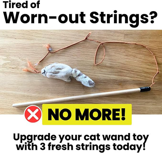 Replacement Strings for Cat Wands, 3 Pieces - Chew-Proof Metal Wire, Durable No Tangle Transparent Fishing Line and Paracord String - Heavy Chewers Refill Strings with Universal Clasps for All Toys