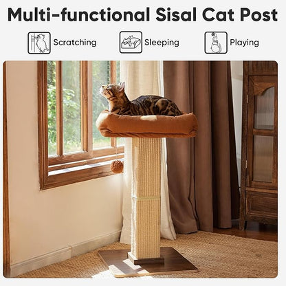 FUKUMARU Cat Scratching Post, Retro-Style Tall Scratch Posts with Perch for Infoor Cats Adults, Large Cat Scratcher Tower with Bed, Natural Sisal & Solid Wood