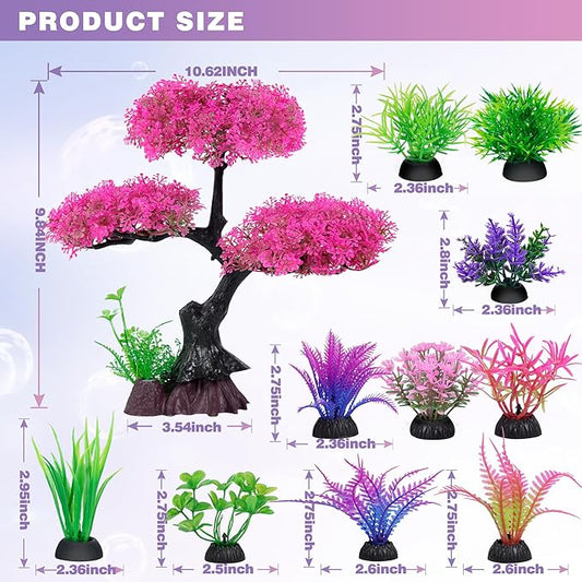 Ameliade Aquarium Artificial Plastic Plants Decoration, Pink Cherry Blossom Tree Aquarium Decor Set, Goldfish Betta Fish Tank Decorations Hides Accessories（Pink