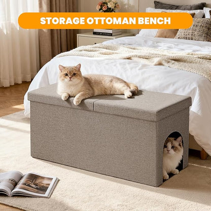 3-in-1 Cat Litter Box Enclosure with Odor Control, Multi-Functional Hidden Litter Box Furniture Bench, Dog Proof, Space-Saving Ottoman Cabinet with Flip-Up Lid, Storage Footrest, Light Grey