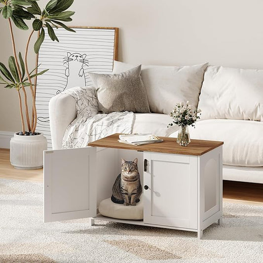 HOOBRO Litter Box Enclosure, Cat Litter Box Furniture with Removable Divider, Hidden Litter Box Furniture, Wooden Cat House, End Side Table, 31" L x 17.5" W x 19.7" H, White and Walnut WH03MW01G2