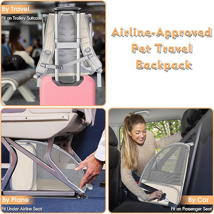 Cat Backpack Carrier, Large Pet Carrier Backpack with Kitten Wand Feather Toy for Medium Small Dog Cat Puppy Kitty Bunny up to 15lbs, Ventilated Mesh Kitten Bookbag for Travel Walking Outdoor (Beige)