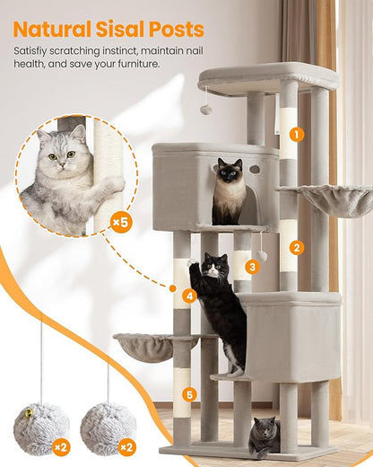 Extra Large Cat Tree, 84 Inch XXL Giant Cat Tower for Indoor Cats Large Adult 20lb+, Multi-Level Cat Climbing Condo with 5 Scratching Posts, 3 Wide Platform Perches, 2 Baskets, 2 Cat Caves, Light Grey