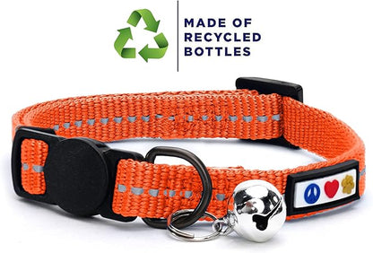 Pawtitas Recycled Orange Reflective Cat Collar – Eco-Friendly Breakaway Safety Buckle, Adjustable Kitten & Adult Collar with Removable Bell and High-Visibility Strap