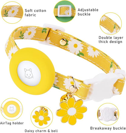 Airtag Cat Collar, JXFUKAL Kitten Collar Breakaway with Silicone Airtag Holder, Bells & Flower Charm for Girl Cats Boy Cats Small Dogs(Yellow)